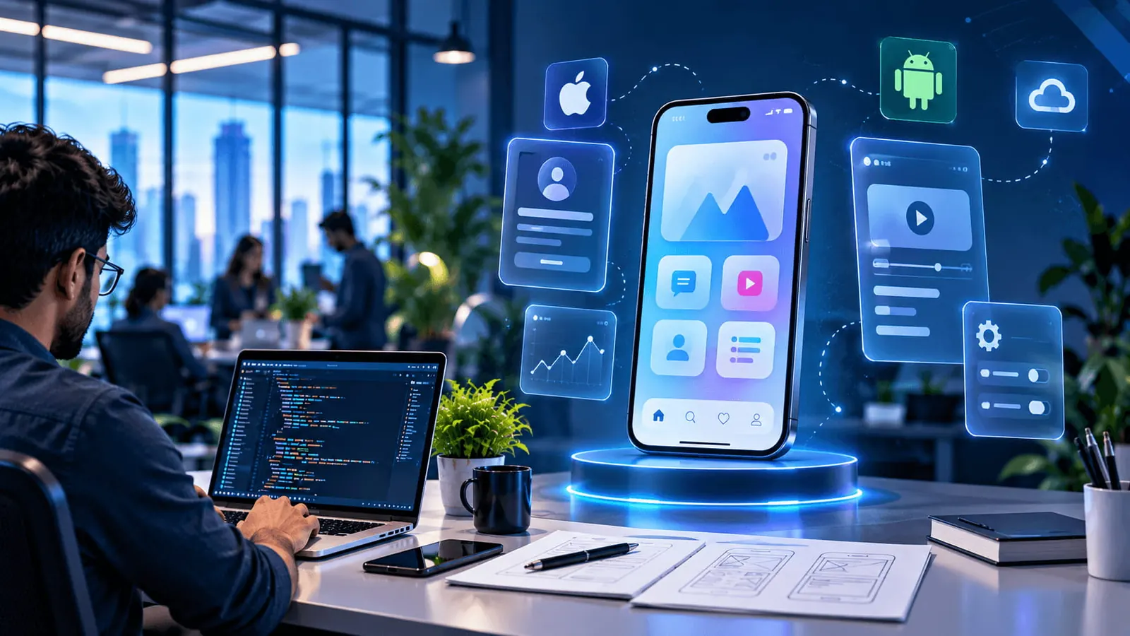 Mobile application development workspace with app interface screens